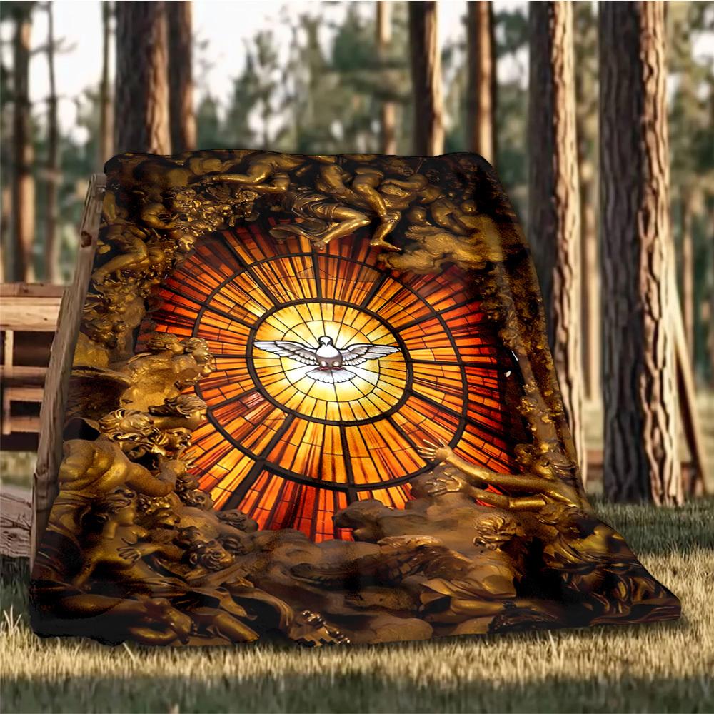 1pc Stained Glass Window Print Outdoor Blanket, Lightweight Polyester,