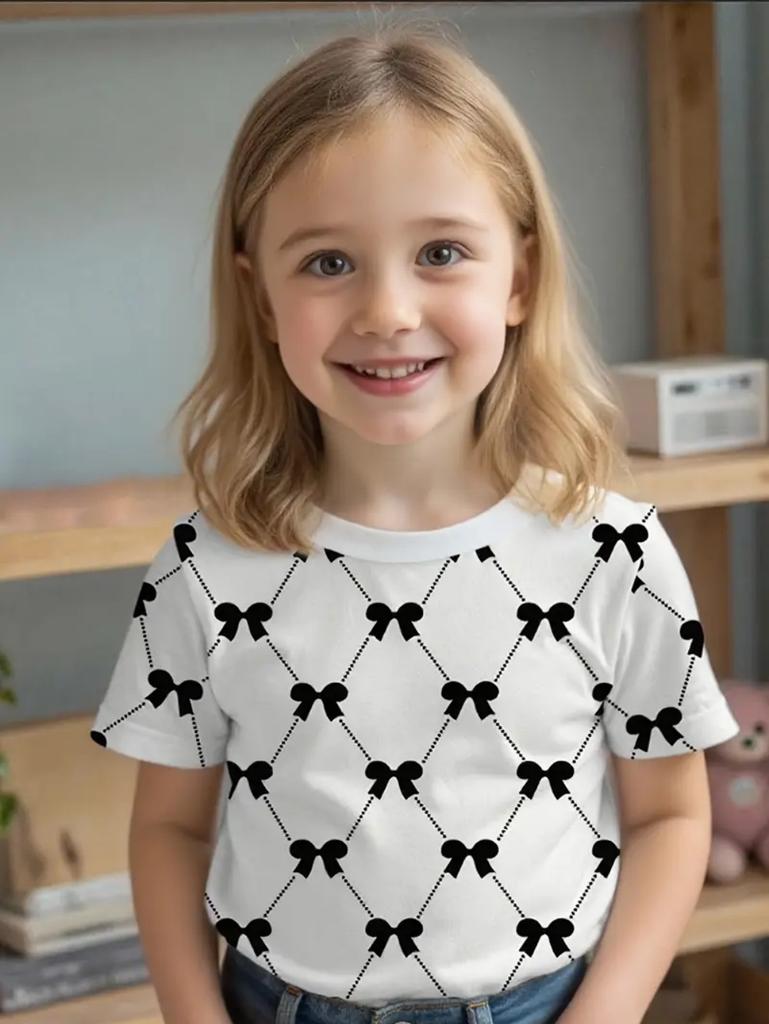 T-shirt Fille Mignon Motif Nœud d'Amour Manches Courtes pour Enfants T-shirts Graphiques Vêtements Y2k Mode Filles Pull Hauts d'Été