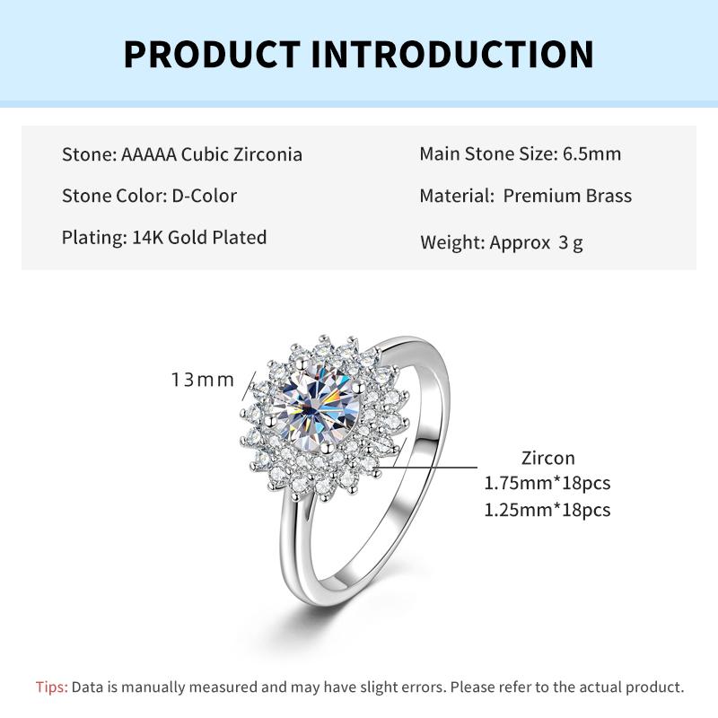 Rrjzz 1CT CZ Lab Imitation Diamond 14K Gold Plated Flower Ring Cubic Zirconia Sunflower Wedding Ring for Women Jewelry Gifts 5