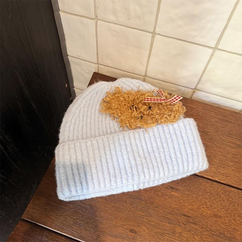 Korean Autumn and Winter Knitted Hat Cute Teddy Puppy Woolen Hat for Women  Versatile Warm and Face Friendly Small Ear Protection Hat  Pullover Hat