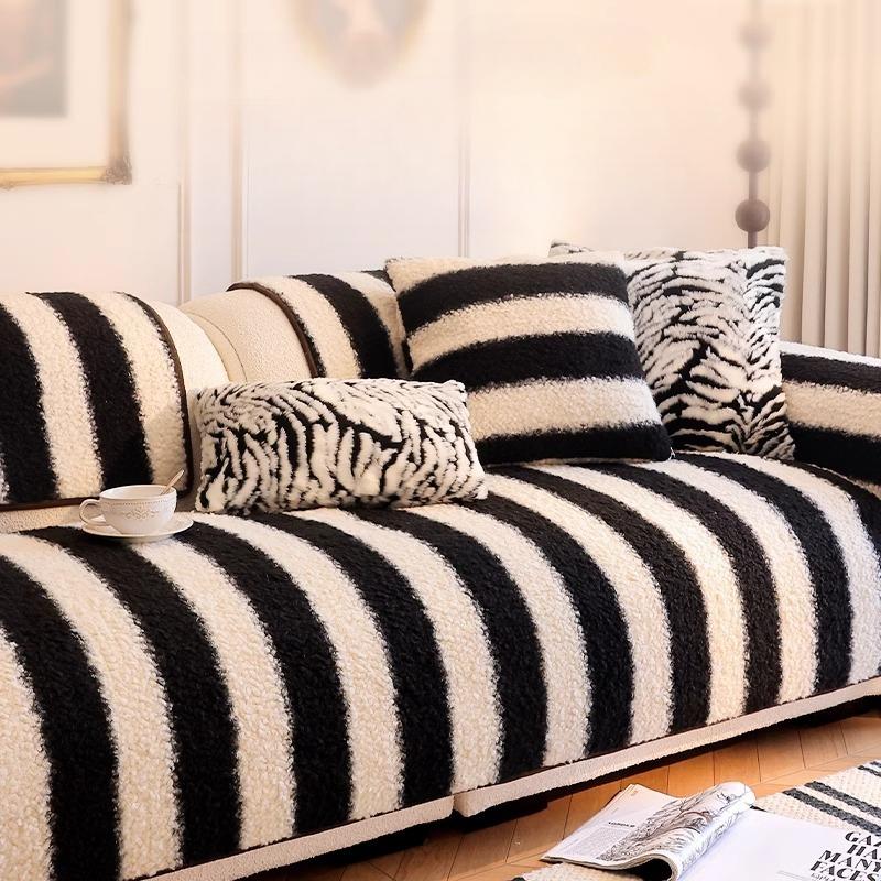 Lamb Wool Stripe Sofa Cushion Autumn Winter Non Slip Premium Plush Seat Mat Four Season Universal Soft Cover Hand Towel Cloth Home Dustproof Pad