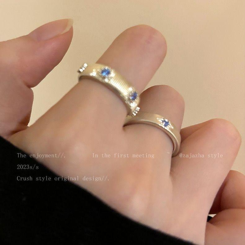 Sea blue cross brushed inlaid stone ring women's niche design index finger ring high-end ring