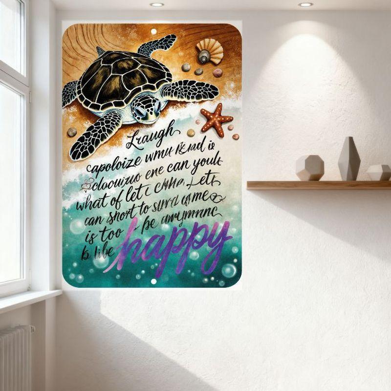 Whimsical Beach Metal Tin Sign with Sea Turtle, Starfish, Nautilus Shell - Motivational Quote Mirror Message Happy Emphasis Home