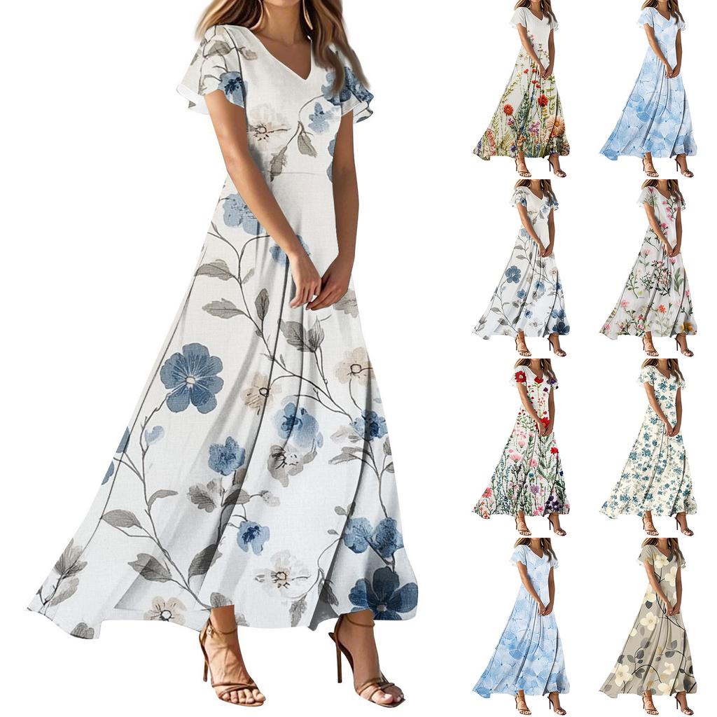 Damen Sommer Blumenmuster V-Ausschnitt Kurzarm Maxikleid Fließendes A-Linien Maxikleid Bohemian Urlaubs Strandkleid