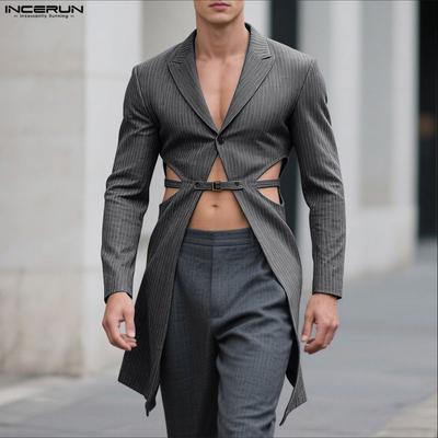 Herren Revers Kragen Langarm Vorne Überkreuz Ausgeschnitten Schlitze Gestreift Lässig Lange Blazer Mäntel