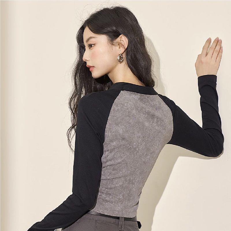 Black Grey Long Sleeve T-shirts For Women's Tees Patchwork Tees Girls Casual T-shirts Fashion Lady Tops