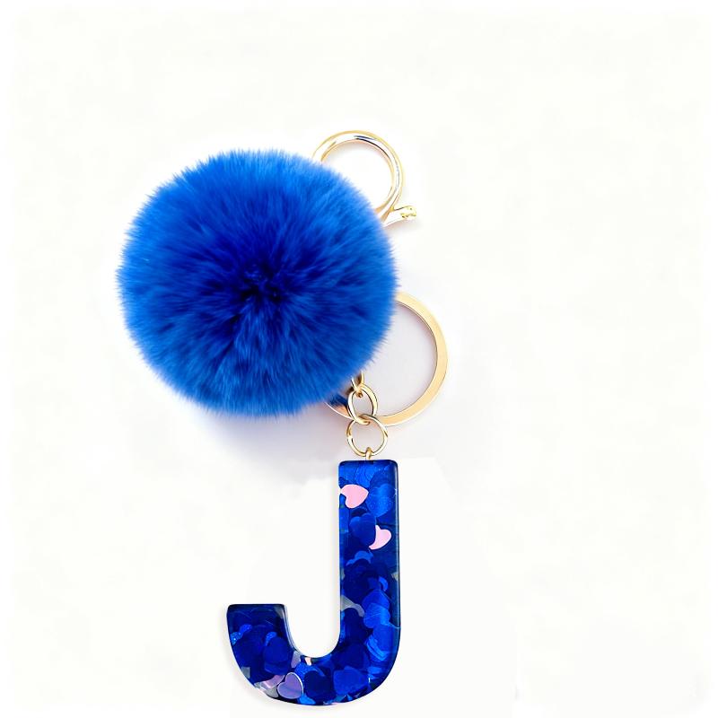 A-Z Initial Letter Blue Resin Keychain Cute Hairball Pendant Keyring Car Key Holders Backpack Charm Accessories Gift
