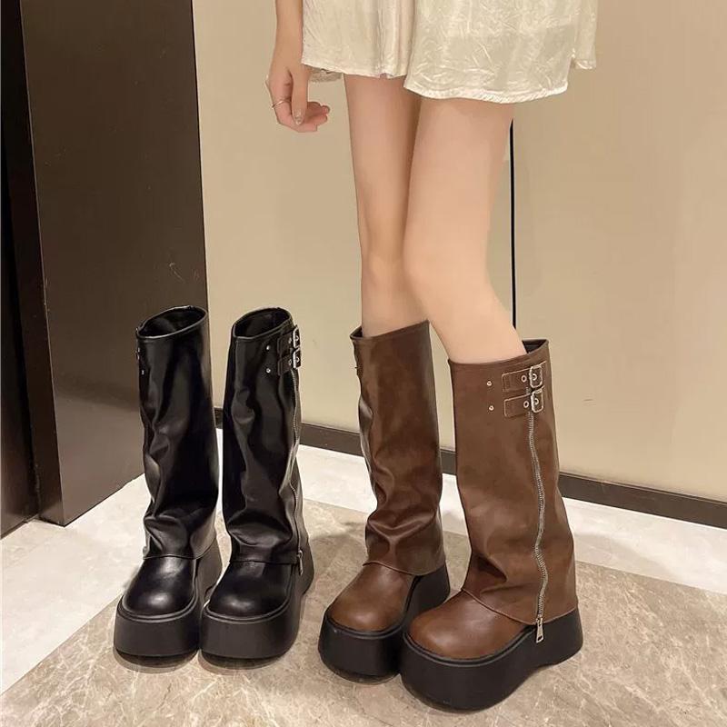 Women Round Toe Thick Soled Belt Buckle Winter Mid Calf Boots Winter Autumn Motorcycle Boot Soft Leather Side Zip