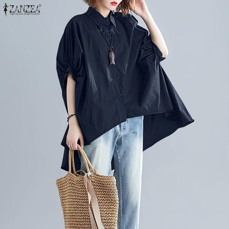 ZANZEA Women Casual Turn Down Collar Loose Half Sleeve Irregular Blouse