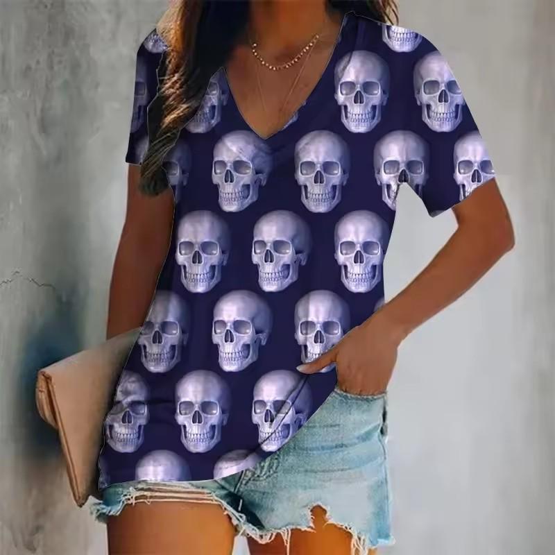 Women's Short-Sleeved T-Shirt V-Neck 3d Printed Skull Pattern Oversized Women's Top Y2K Style Summer Casual T-Shirt