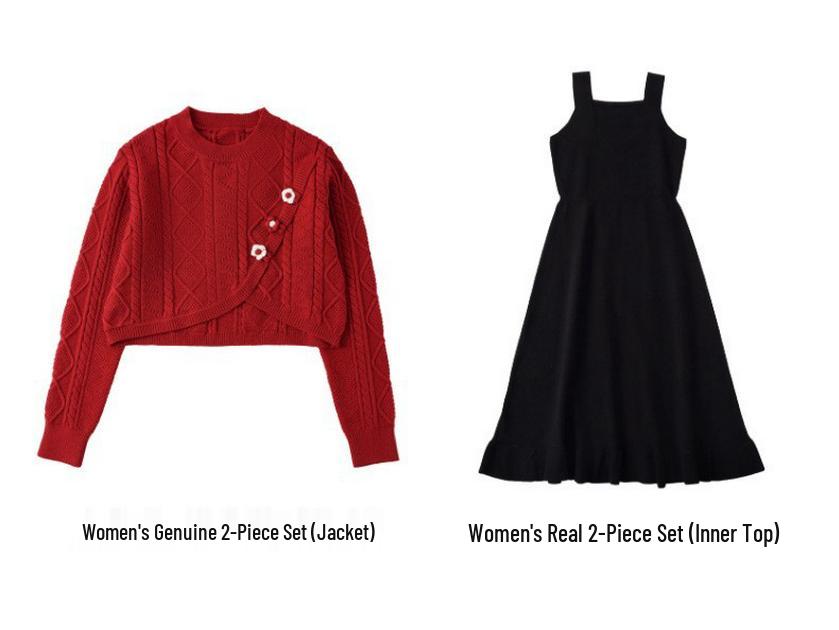 New Parent-Child Red Sweater: Women's Dress & Men's Top, Autumn/Winter Thick Knit Korean Style Family Outfit.