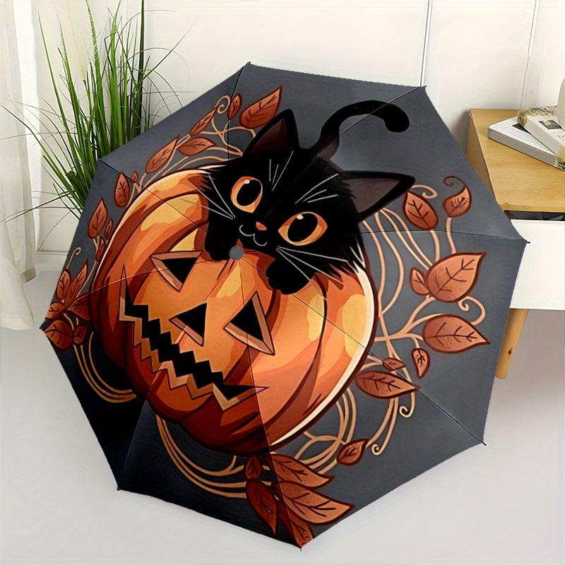

1pc Pumpkin and Flowers Cat Durable Cartoon Folding Umbrella, Portable 3-Fold Compact Umbrella for Men and Women, Suitable for Travel or Daily Us
