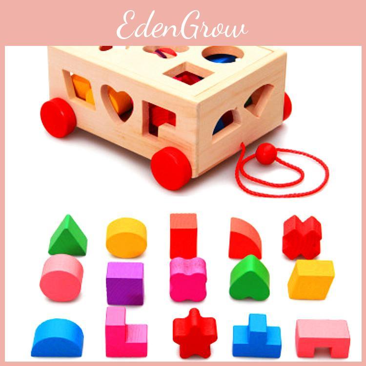 Wooden Building Block Trolley Toy With Storage For Kids Learning And Development