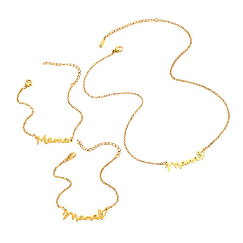 Stainless Steel MAMA Letter Pendant Necklace Bracelet Set Women Minimalist Elegant Mothers Day Gift