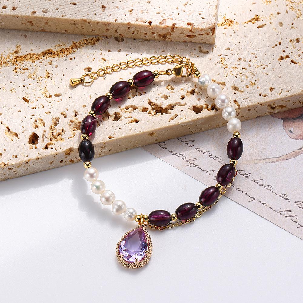 Purple natural stone bracelet, accessory, natural stone freshwater pearl retro bracelet, retro style, freshwater pearl bracelet