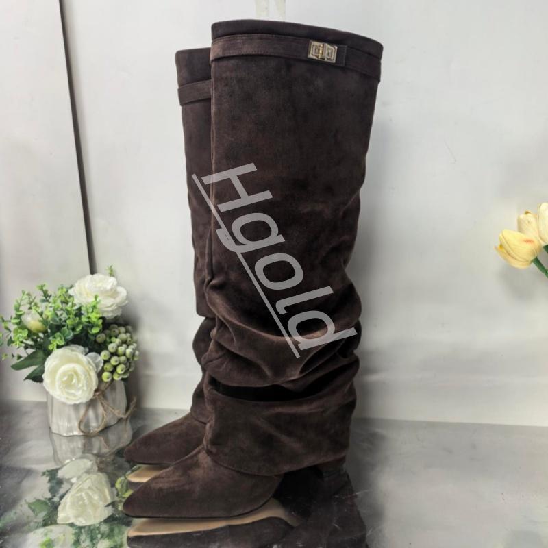 Winter Hochwertige Damen Kniehohe Stiefel Spitze Grober Absatz Einfarbige Falten Damen Lange Stiefel Stilvolle Damen Schuhe