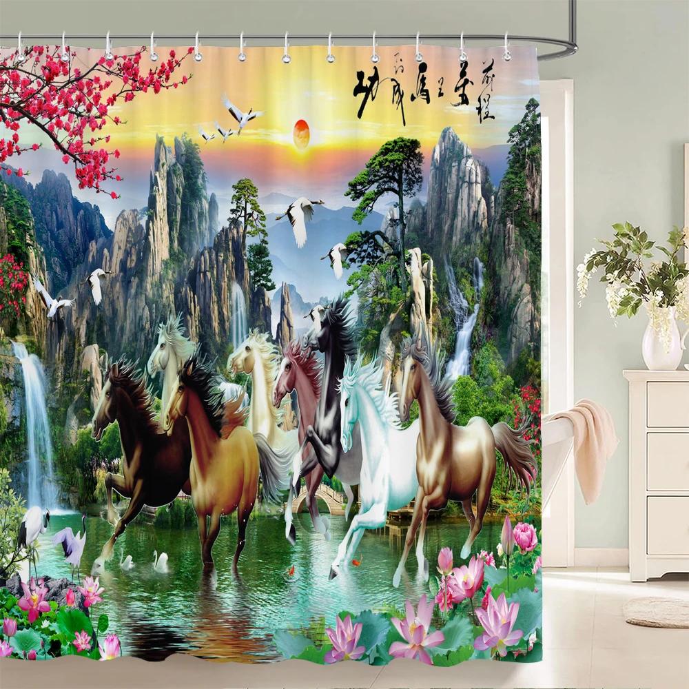 Chinese style Natural Waterfall landscape Shower Curtains Bathroom Curtain Waterproof Polyester Horse Bath Curtain with Hooks