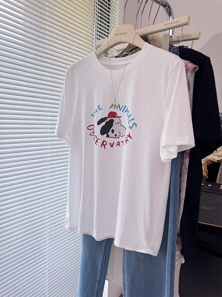 Women's White Cartoon Retro Pure Cotton Loose T-shirt