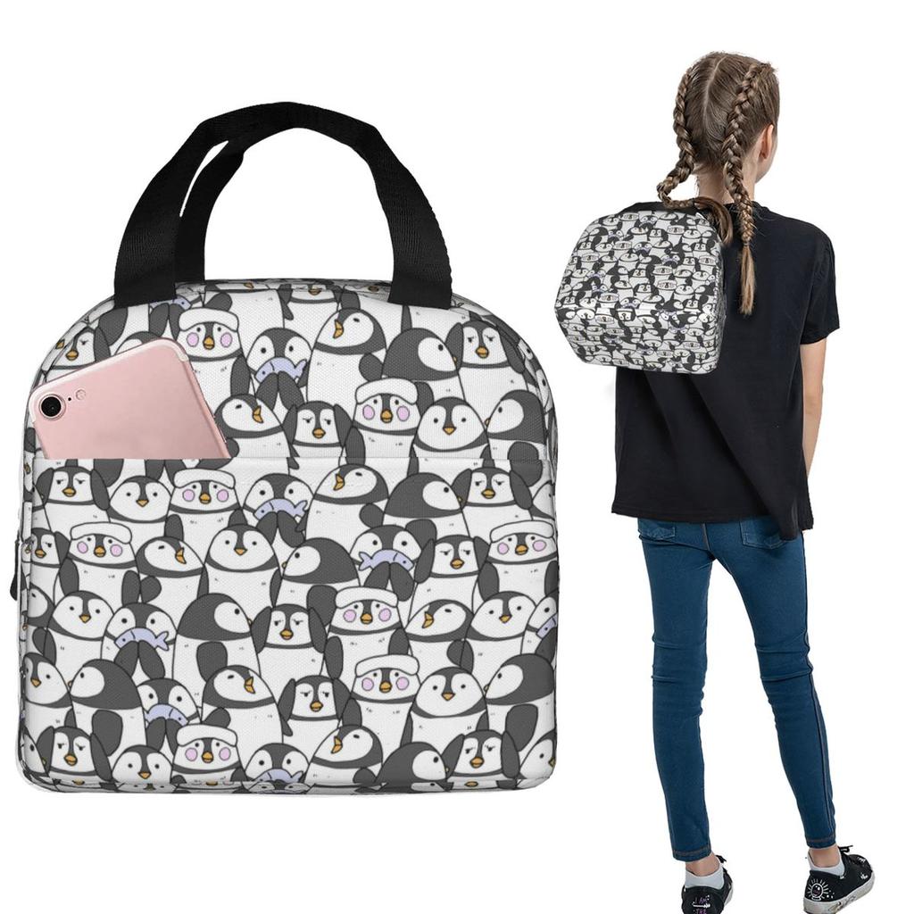 Hand Drawn Penguin Set Insulated Lunch Bag for Women Children Leakproof Food Boxes Thermal Lunch Box Tote