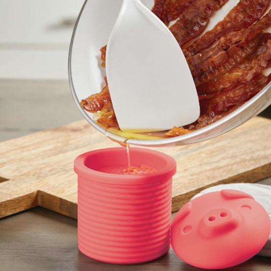 Silikonbaconfettbehållare med värmebeständigt silikonfilter Grisformad fettbehållare 2 koppars kapacitet Säker förvaringsburk för matlagningsfett Och