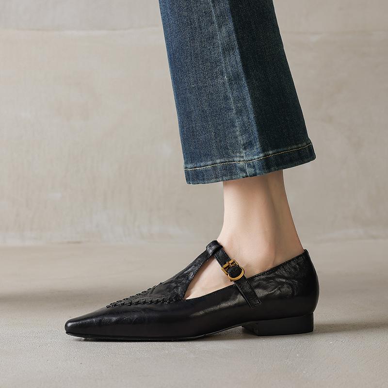 

Мода 2025 Новая весна Овчина Женская обувь Острый носок Низкий каблук Женские туфли-лодочки Обувь для женщин Мэри Джейн Натуральная кожа Женская обувь 40 чёрный