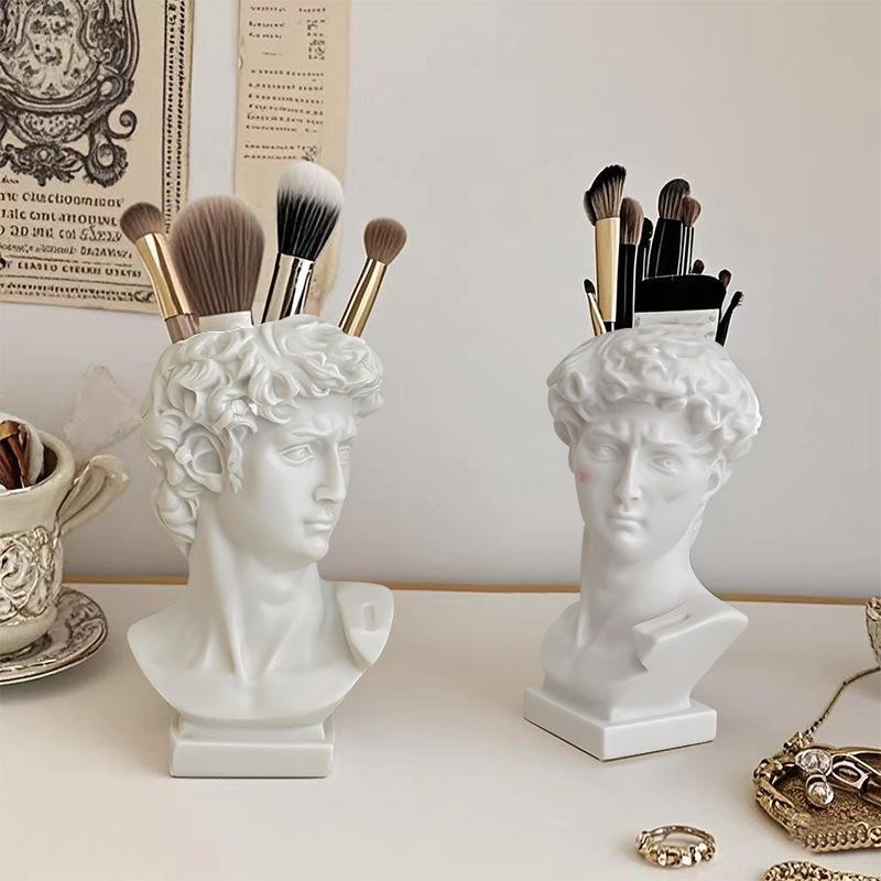 Vaso a forma di testa della statua di David, Decorazione Vaso a forma di busto, Portaspazzole Scultura, Portaspazzole per trucco, Portapenne Scultura Fioriera