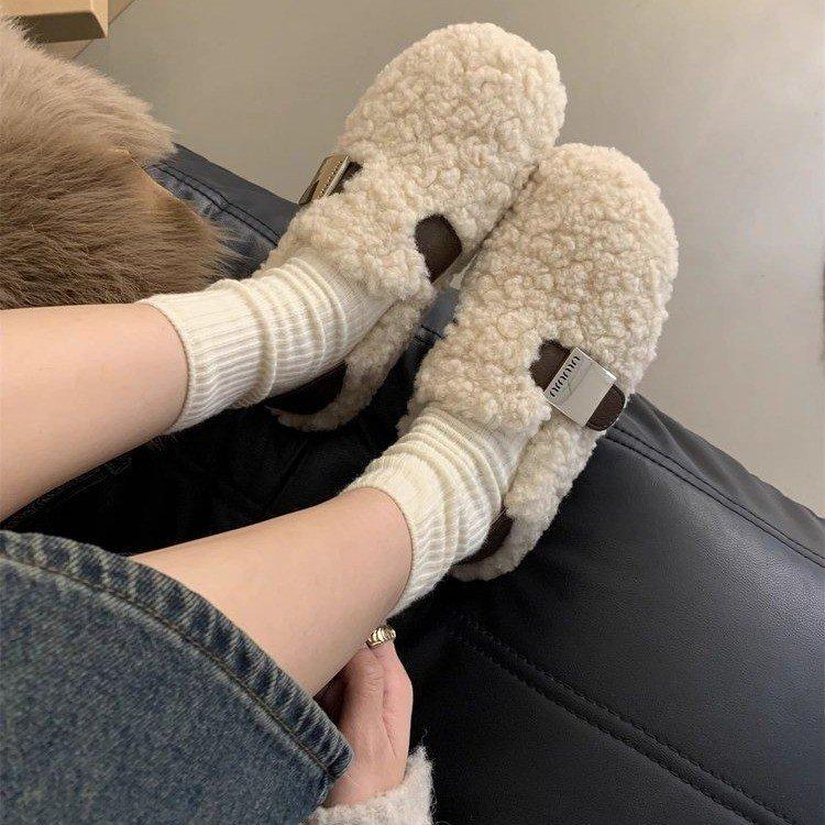 2025 höst och vinter ny koreansk version retro enpedals mild älvvind trampande fot Doudou-skor plattbottnade sammet bomullsskor