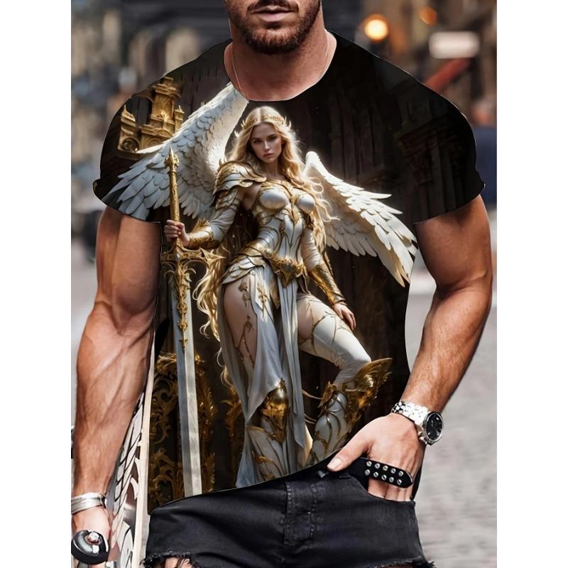 Summer Round Neck Angel Pattern 3D Print Top Fashionable Casual Short Sleeved Men's T-shirts
