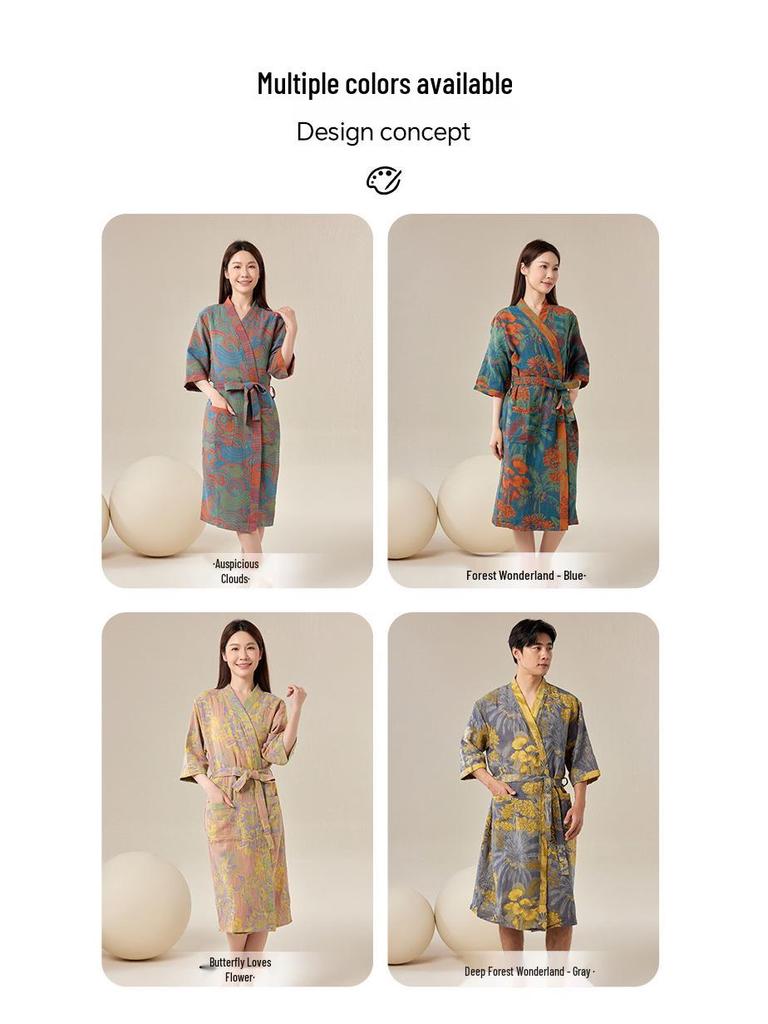 Pure Cotton Double Gauze Chinese Style Couple Bathrobe - Spring/Summer, Thin, Absorbent, Quick-Drying Pajamas/Homewear