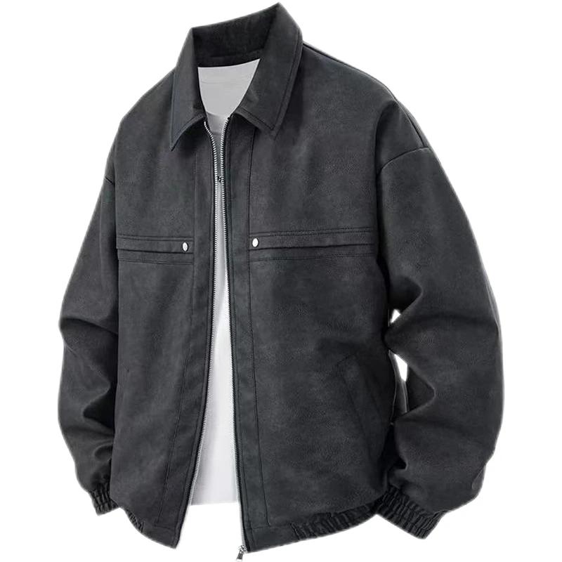 

American Old Fashioned Pu Leather Men s Autumn Casual Versatile Jacket Retro Solid Color XXXL чорний