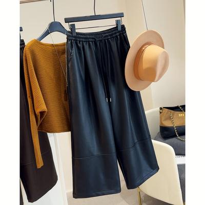 High Waist Simple Elastic Waist Protein Leather Pants Women's Autumn and Winter New Loose and Versatile Casual Straight Nine-point Leather Pants