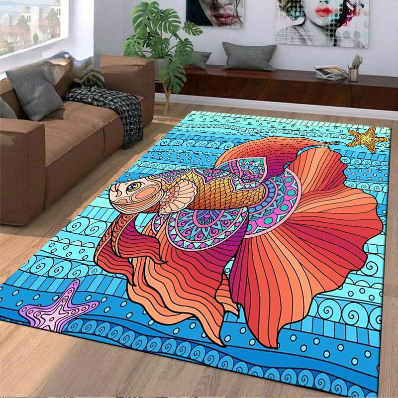 Colorful Fish and Starfish Carpet with Ocean Waves Design Pattern Suitable for use as an anti-slip for living room bedroom sofas