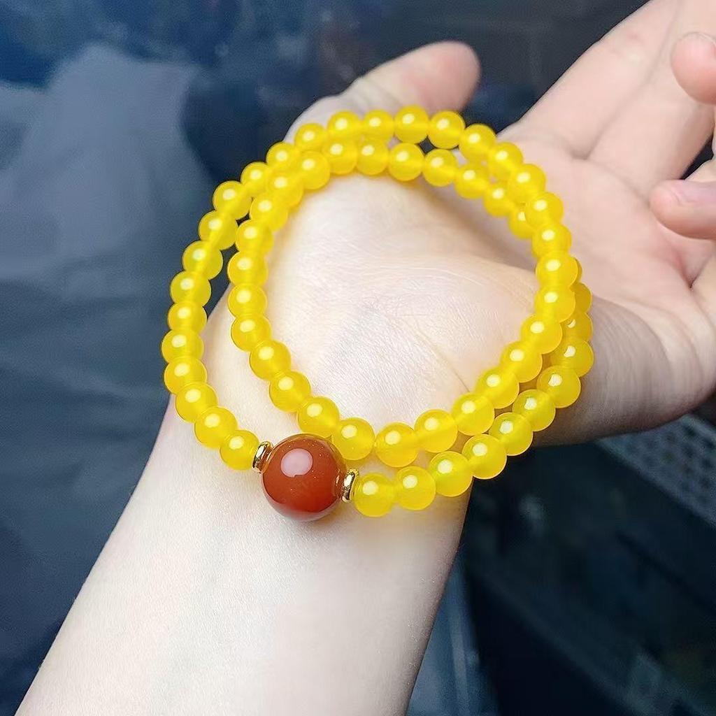 Natural Yellow Agate Double Circle Bracelet with Red Agate Luck Beads for Girls, Simple Bright Jade Style