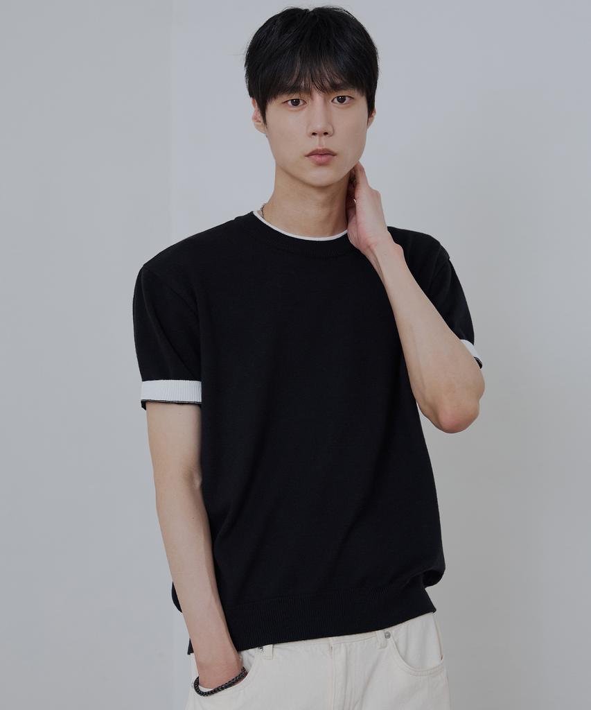 NODU Layered Color Block Round Cropped Half Knit [Black]