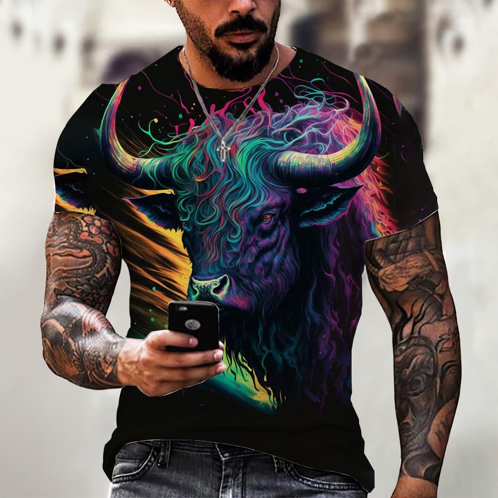 Summer Round Neck 3D Bull Pattern Print Top Fashionable Casual Short Sleeved Men's T-shirts