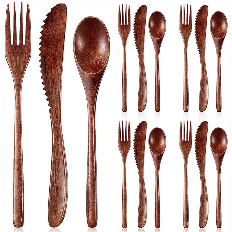 15/24Pcs Wooden Cutlery Set, Wood Spoon Fork & Knife Set for Eating, Reusable Flatware Sets Kitchen Utensils