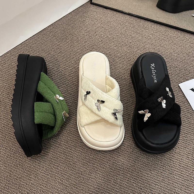 2025 New Summer Thick-soled Heightening Slippers Women Wear Butterfly Metal Buckle Fashion Explosion One-word Sandals Non-slip