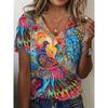 Summer V-neck 3D Animal Phoenix Pattern Printed Top Fashionable Casual Short Sleeved Women's T-shirts