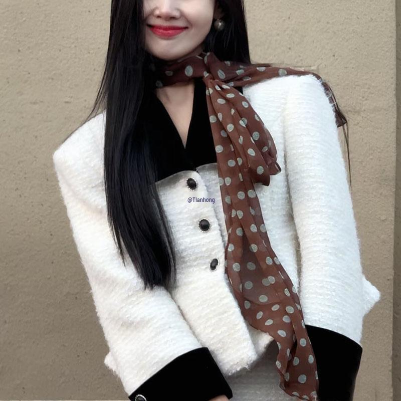 2024 Women's Brown Polka Dot Silk Scarf - Versatile Long Bandana and Tie Neck Accessory