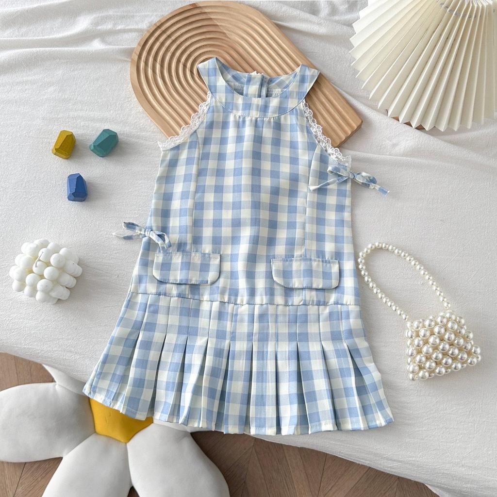 Summer Girls Plaid Sleeveless Dress With Lace Trim Casual Pleated Sundress For Kids Children
