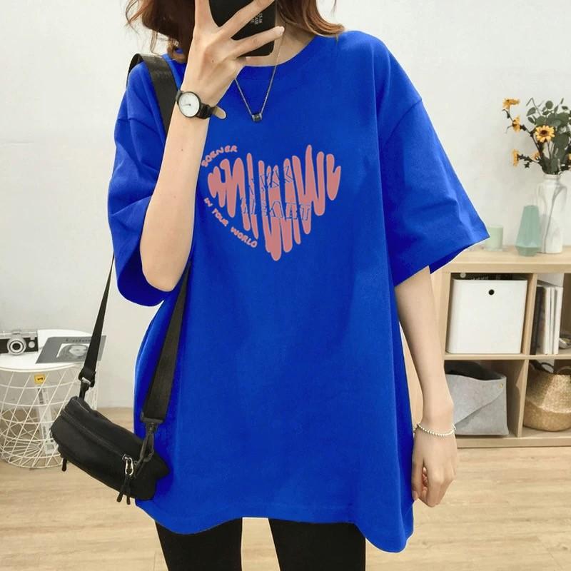 Women Plus Size Cotton T-Shirt Summer Short Sleeve Heart Print Mid-Long Loose Casual Pullover Top For 200lbs