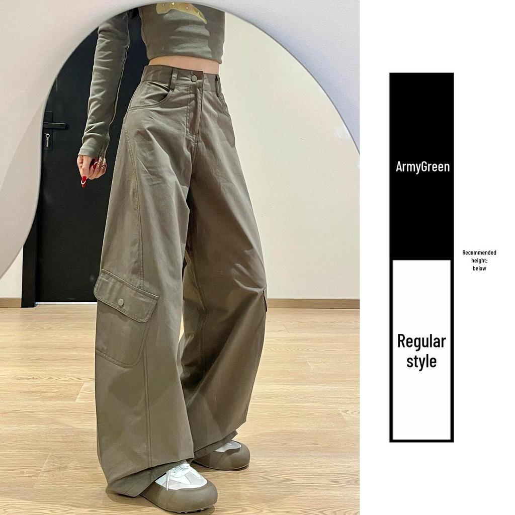 Women's Army Green High-Waisted Wide-Leg Cargo Pants - Petite, Loose-Fit, Slimming, Casual Spring 2026 Style
