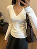 2025 Autumn/Winter V-Neck Drop Shoulder Long Sleeve Top - Slimming Cinched Waist for Petite Women