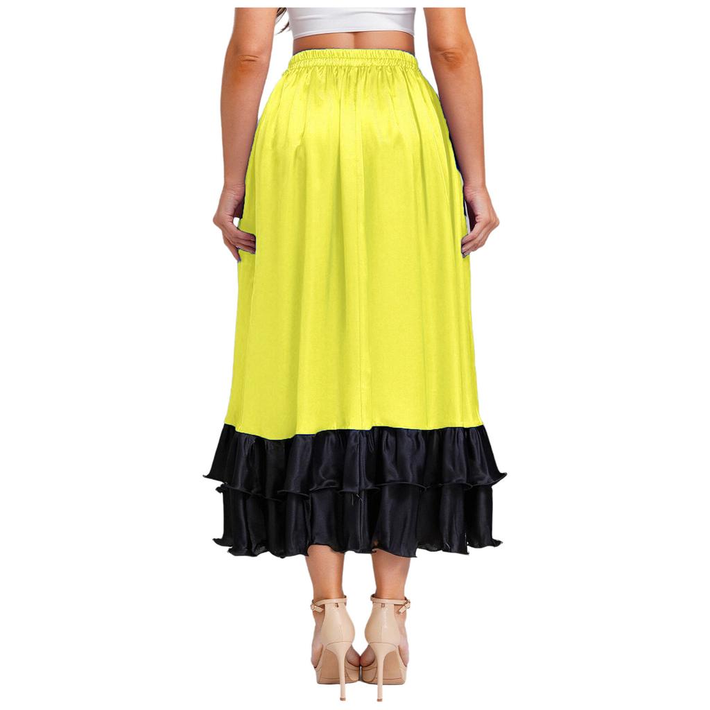 Ladies Spanish Dance Skirt Flamenco Style Ruffled Trim Irregular Hem Satin Elastic Waist Big Swing Skirt