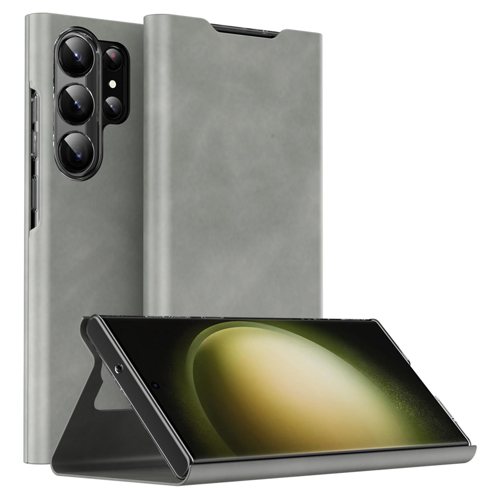 

For Samsung Galaxy S24 Ultra Case Nappa Texture Stand Card Holder Mobile Phone Cover Grey