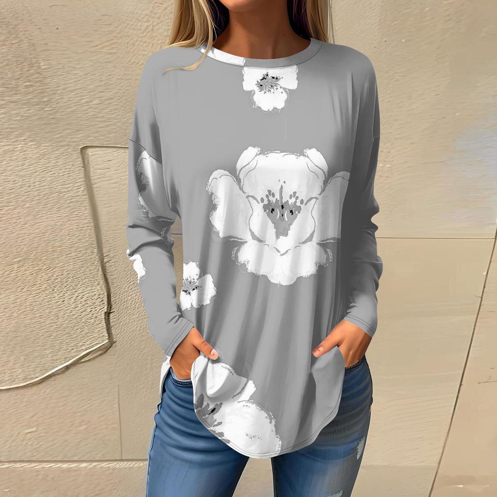Women's Fashion Casual Round Neck Floral Long Sleeve T-shirt Pullover Long Sleeve Top