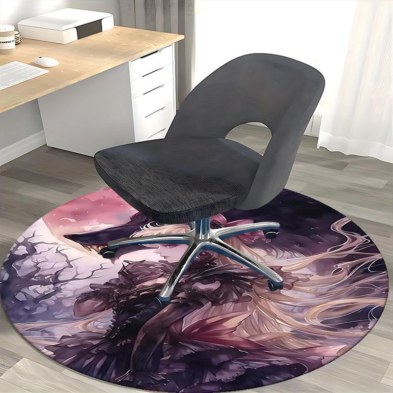 1pz Tappeto Rotondo Design Anime Tappetino Sotto Sedia da Ufficio con Stampa Lupo Fantasy e Principessa, Decorazione Casa, Universale per Tutte le Stagioni