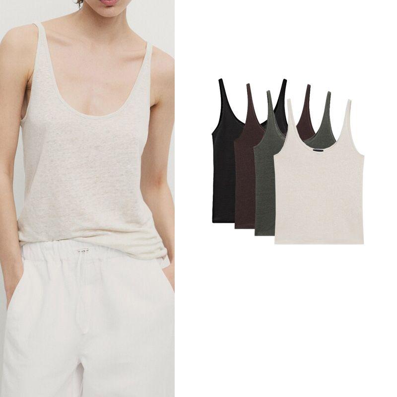 Spring New American Casual Basic Solid Lightweight Linen Blend Sling Sleeveless T-shirt 6219937