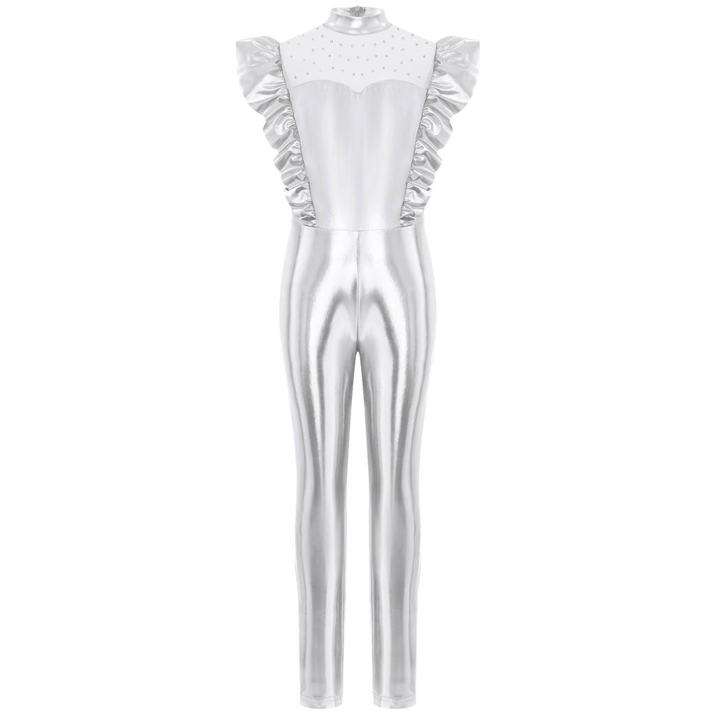 Girls Metallic Gloss Alien Cosplay Jumpsuit Ruffled Flying Sleeve Patchwork Back Invisible Zipper Leotard