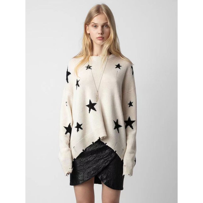 

Fall and Winter New Arrival France Niche Style ZV XINGX Pattern Hole 100 Cashmere Loose Women s Knitwear Sweater White L